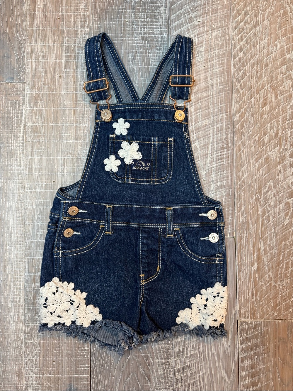 Jordache Blue Denim Jeans Overalls with White Crochet Flower Details